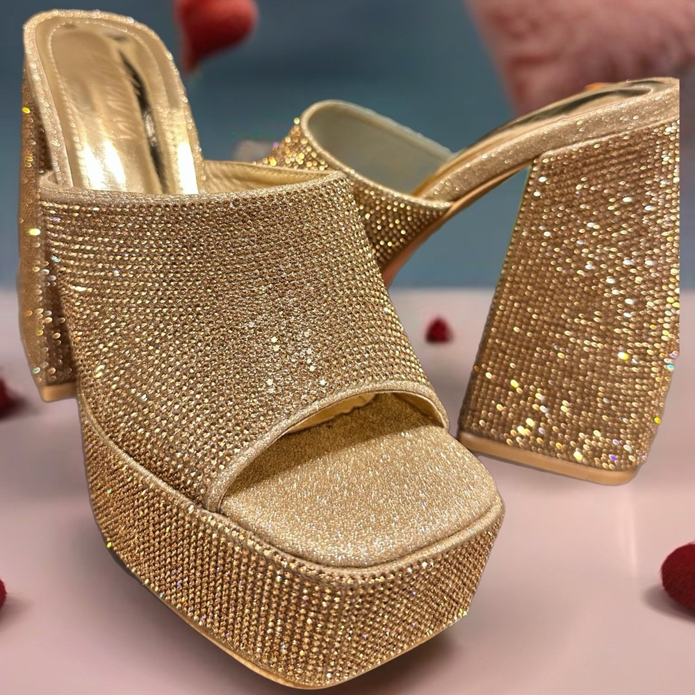 Liliana BILLION-1 Gold Rhinestone Platform Wedges • Glamour Mules • Size 10• NIB